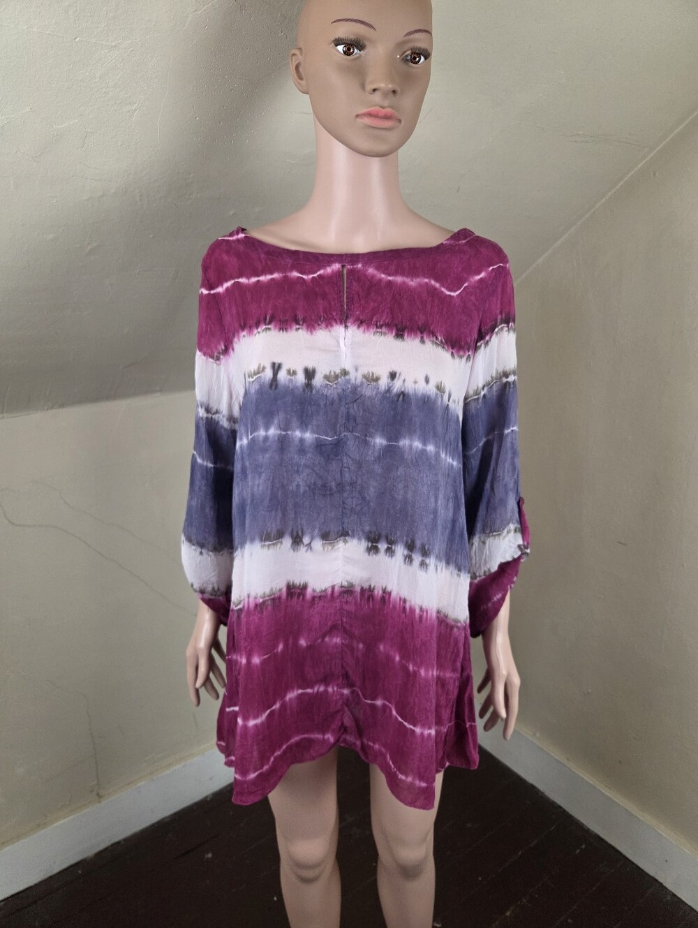 Barbara Lesser Tie Dye Cupro Rayon Tunic Top L Purple Made in USA
